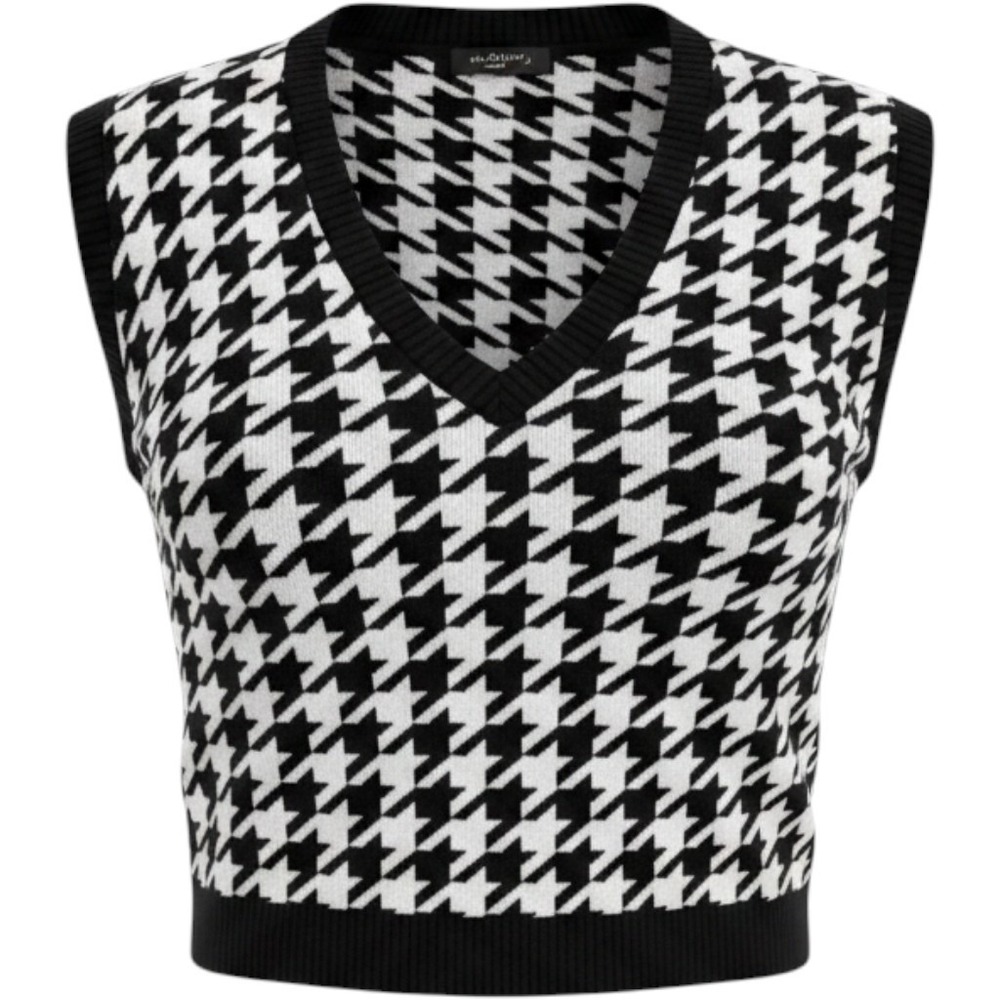 Talbots Black White Houndstooth V-Neck Sweater Vest Large Petite LP Preppy Y2K